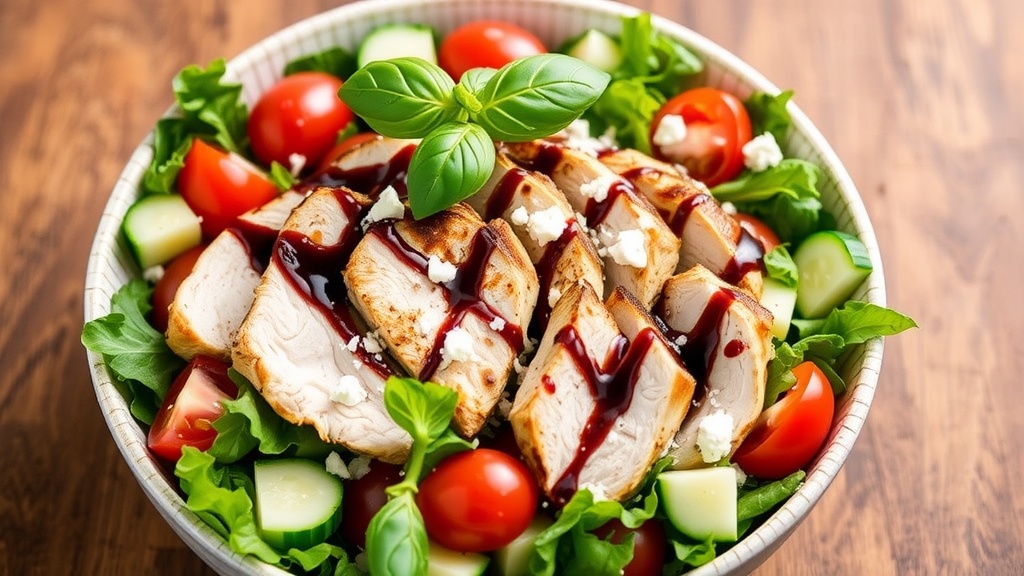 Zesty Balsamic Chicken Salad Recipe A colorful Balsamic Chicken Salad with grilled chicken, greens, cherry tomatoes, cucumber, and feta cheese, served on a rustic table.